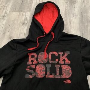 The North Face Hoodie Mens Small ROCK SOLID Graphic Black Red Drawstring Pocket